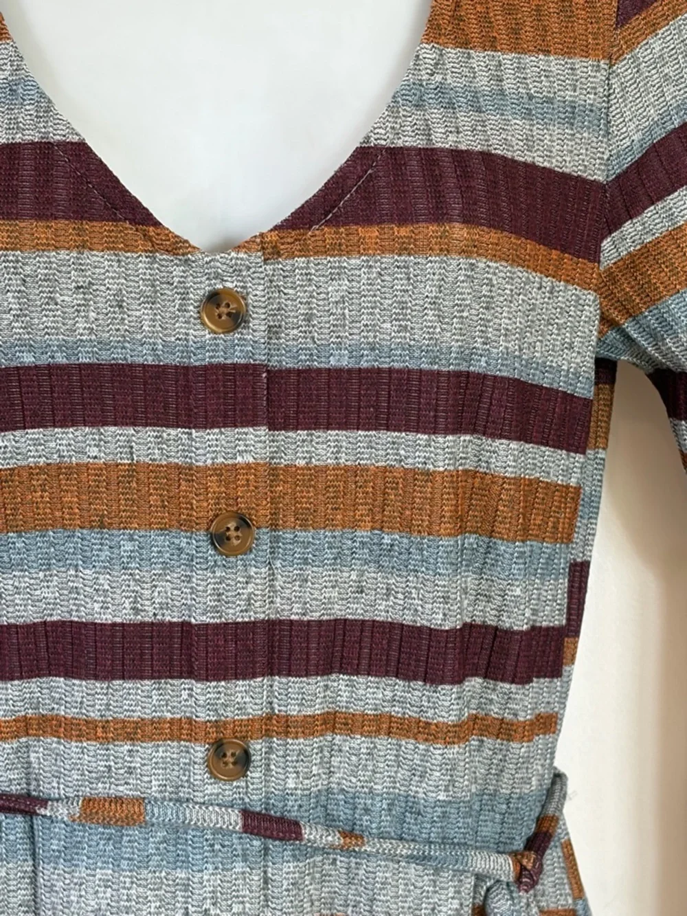 Speechless sweater Dress Striped V-Neck in Gray, Burgundy & Brown Small & Medium - Picture 2 of 8
